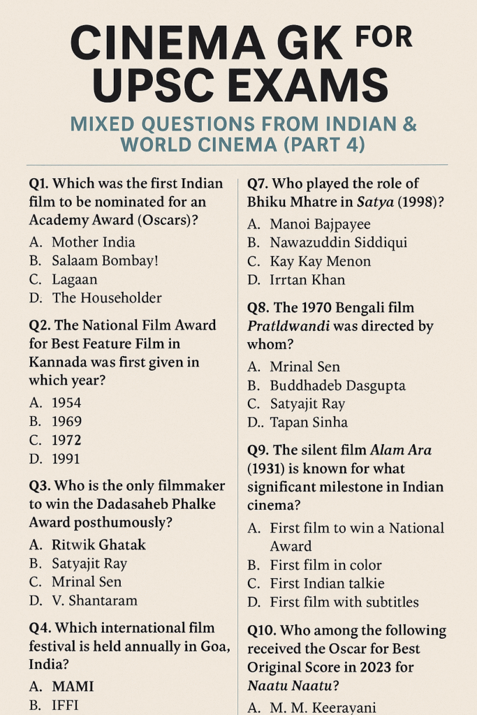Cinema GK for UPSC Exams - Mixed Questions from Indian & World Cinema (Part 4)