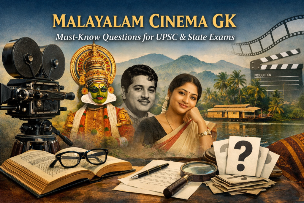 Malayalam Cinema GK MCQs concept showing vintage film camera, Kerala cultural elements, and quiz-style cinema learning visuals