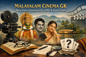 Malayalam Cinema GK MCQs concept showing vintage film camera, Kerala cultural elements, and quiz-style cinema learning visuals