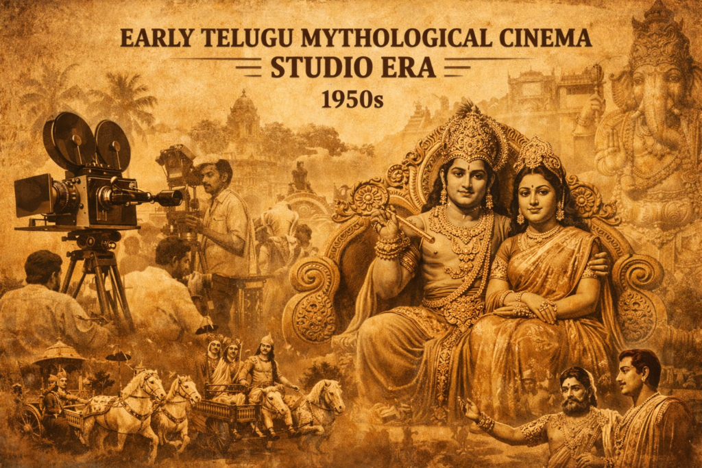 early Telugu mythological cinema studio era visual style 1950s
