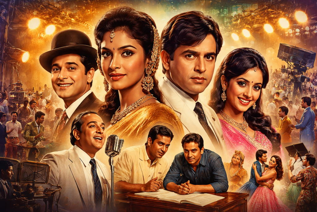 Golden Era of Bollywood (1950s–1970s) showcasing classic stars, music, and studio filmmaking