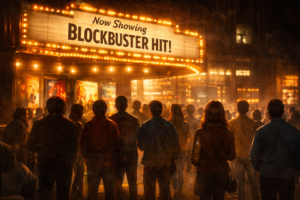 हॉलीवुड में ब्लॉकबस्टर युग की शुरुआत दर्शाता दृश्य, जहाँ व्यावसायिक भव्यता ने प्रयोगधर्मी दौर को पीछे छोड़ा