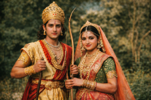 स्वर्ण युग की भारतीय मिथकीय फिल्में, जिनमें भव्य स्टूडियो सेट, पारंपरिक वेशभूषा और प्रतिष्ठित पात्रों का चित्रण है।