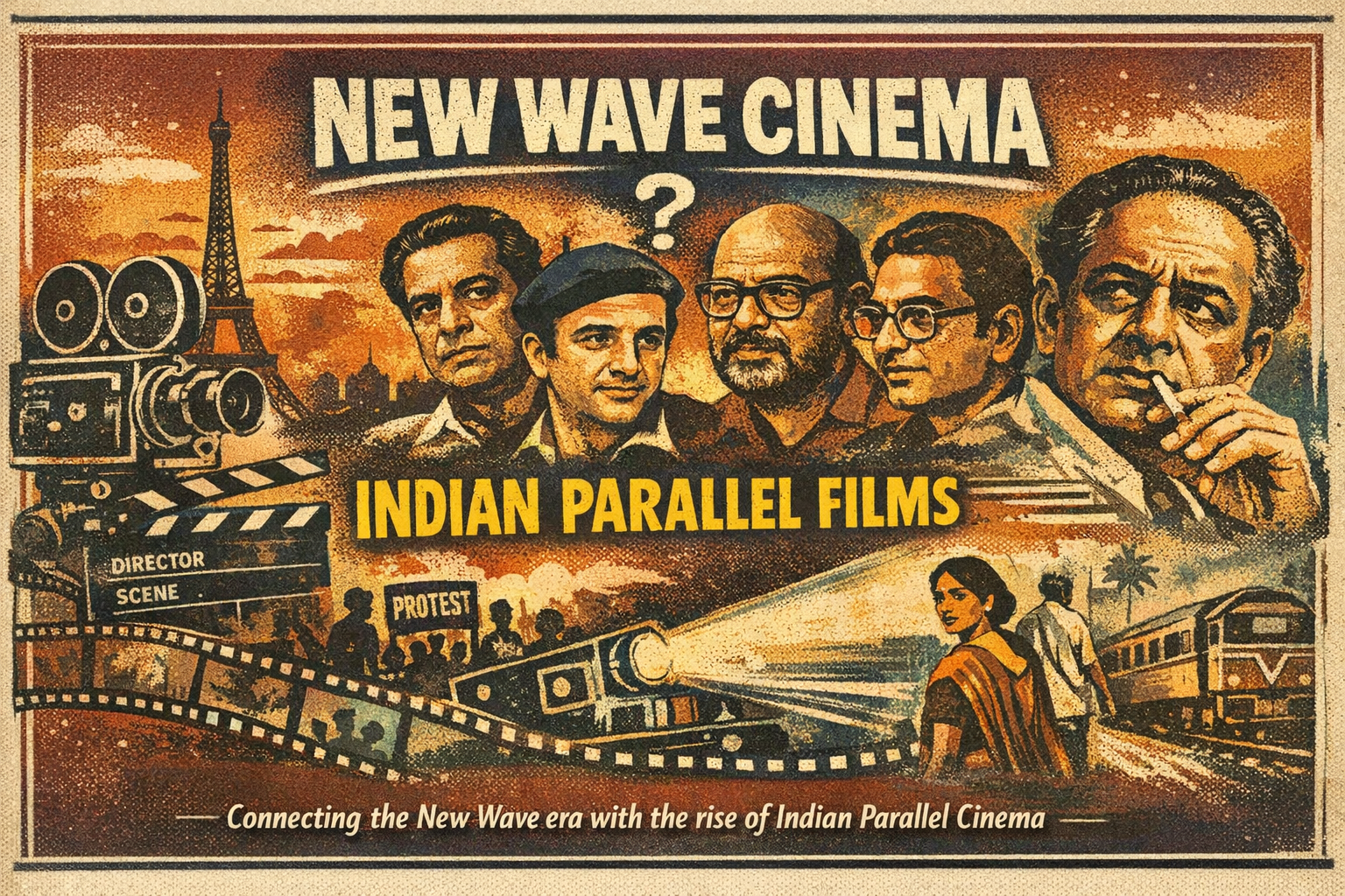 New Wave Cinema And Indian Parallel Cinema showing filmmakers redefining realism and personal storytelling during the 1960s–1970s