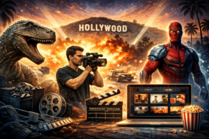 Illustration representing the digital Hollywood era with CGI filmmaking, blockbuster action scenes, and streaming platforms.