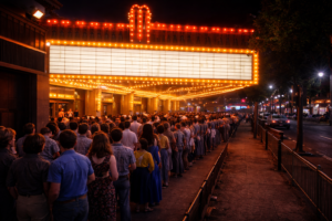 Crowds gathered outside a 1970s movie theatre during the rise of the Hollywood Blockbuster Era