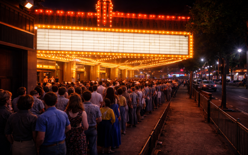 Crowds gathered outside a 1970s movie theatre during the rise of the Hollywood Blockbuster Era
