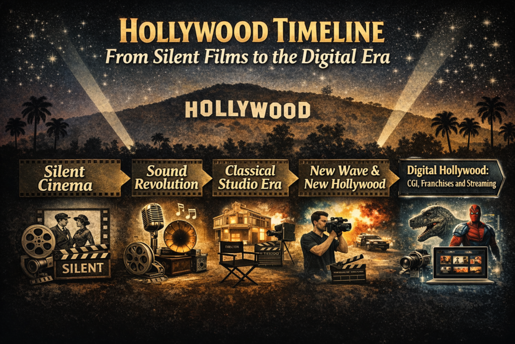 Hollywood cinema timeline showing silent cinema, sound revolution, classical studio era, new Hollywood, and the digital Hollywood era