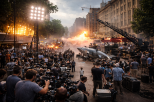 Large scale film production setup during the rise of the Hollywood Blockbuster Era