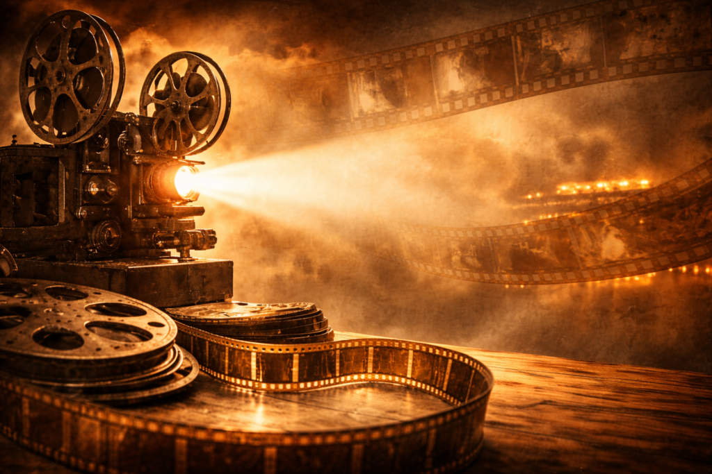 Vintage film projector casting light across film reels and floating film strips, symbolizing the cinematic journey of The Reel Retro