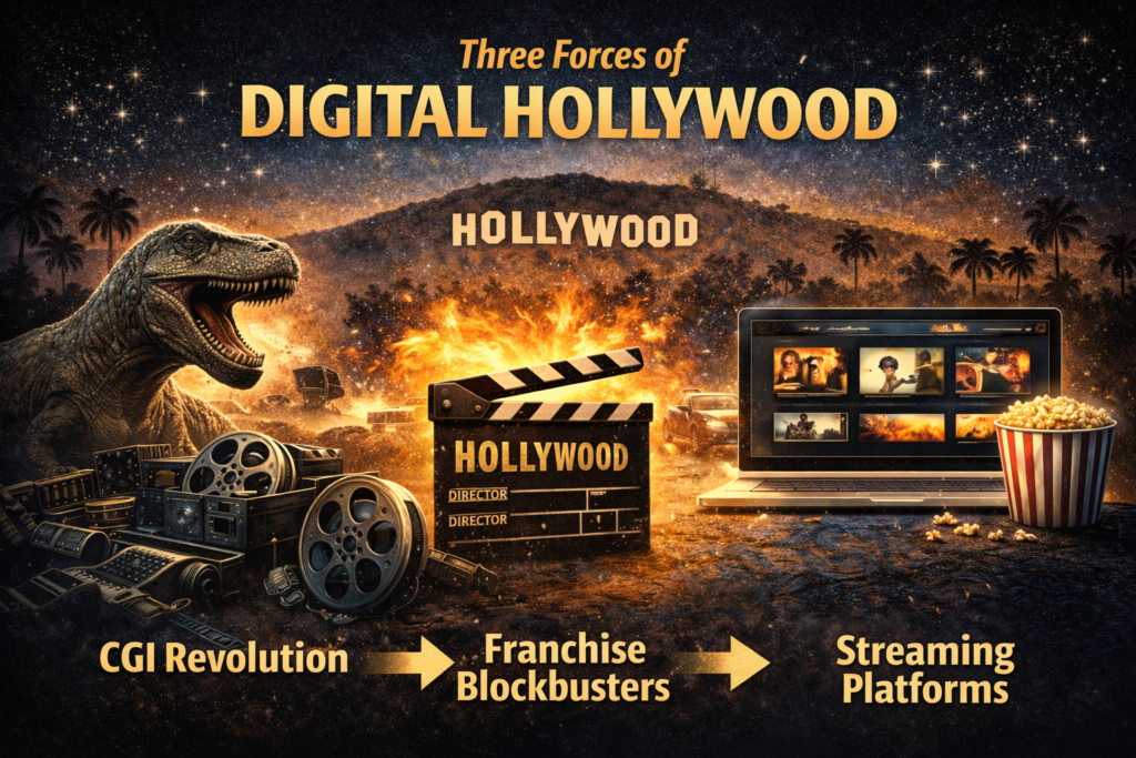 infographic showing three forces of digital Hollywood: CGI revolution, franchise blockbusters, and streaming platforms