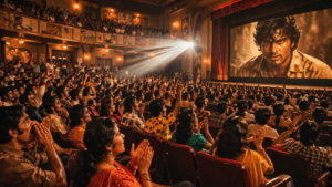 1970s Bollywood cinema hall audience watching masala film with excitement