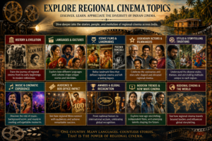 भारत के क्षेत्रीय सिनेमा से जुड़े विषयों जैसे इतिहास और विकास को दर्शाता दृश्य।