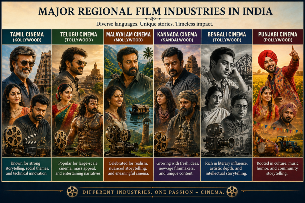 Major regional film industries in India including Tamil, Telugu, Malayalam, Kannada, Bengali, and Punjabi cinema.
