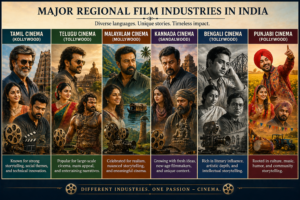 भारत के प्रमुख क्षेत्रीय फिल्म उद्योग जैसे तमिल, तेलुगु, मलयालम, कन्नड़, बंगाली और पंजाबी सिनेमा।