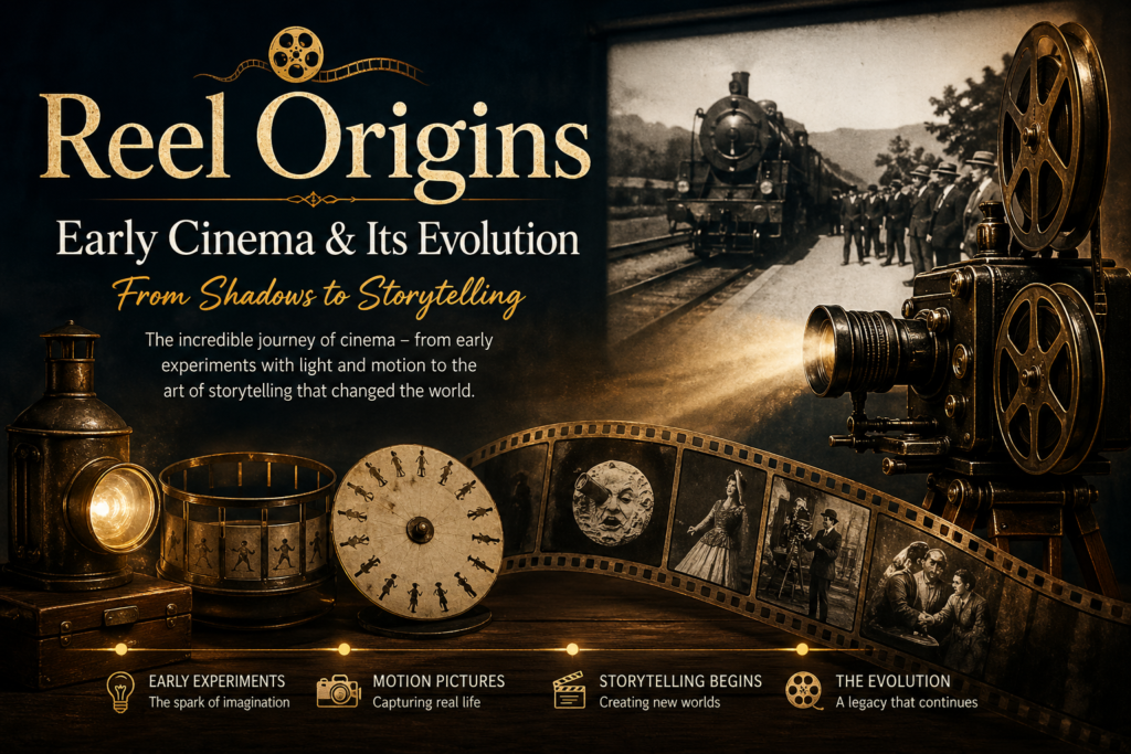 Early cinema history collage showing optical devices, silent era filmmaking, and the evolution of cinematic storytelling.