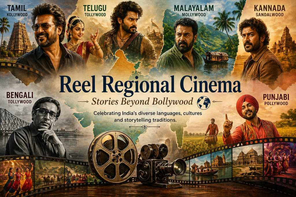 भारत का क्षेत्रीय सिनेमा दर्शाने वाला कोलाज, जिसमें विभिन्न भाषाओं, फिल्म उद्योगों और कहानी कहने की शैलियाँ दिखाई गई हैं।