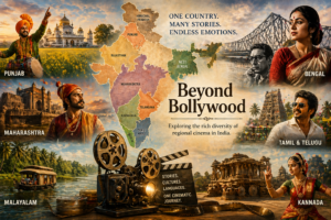 भारत के क्षेत्रीय सिनेमा की विविधता को दर्शाता दृश्य जिसमें विभिन्न राज्यों और संस्कृतियों की झलक है।