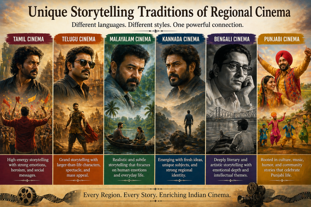 Different storytelling styles in Indian regional cinema from realistic narratives to dramatic and cultural themes.