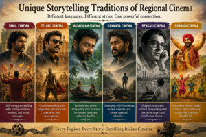 भारतीय क्षेत्रीय सिनेमा में विभिन्न कहानी कहने की शैलियाँ जैसे यथार्थवादी और सांस्कृतिक विषय।