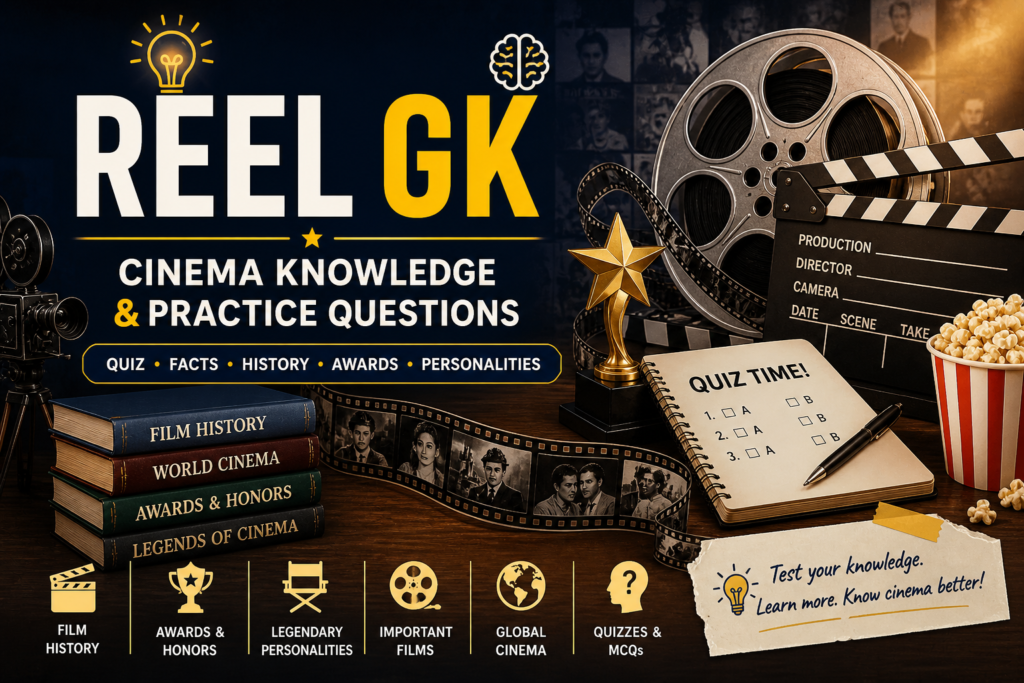Cinema GK questions and quiz concept showing film knowledge, awards, and history topics.