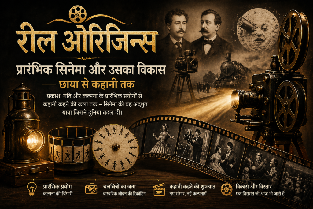 प्रारंभिक सिनेमा के इतिहास को दर्शाता दृश्य जिसमें ज़ोएट्रोप और मैजिक लैंटर्न जैसे उपकरण दिखाए गए हैं।