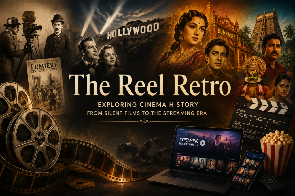The Reel Retro homepage hero image showcasing the evolution of cinema from silent films to the streaming era
