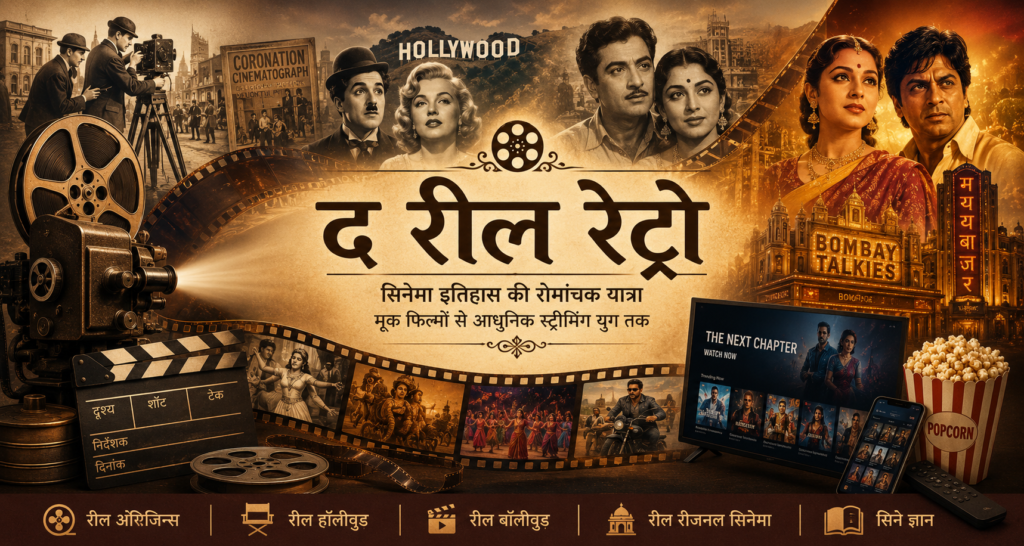 द रील रेट्रो होमपेज हीरो इमेज, जो मूक फिल्मों से स्ट्रीमिंग युग तक सिनेमा की विकास यात्रा को दर्शाती है।