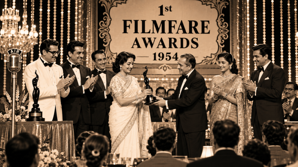Illustration of the first Filmfare Awards ceremony held in Mumbai in 1954.