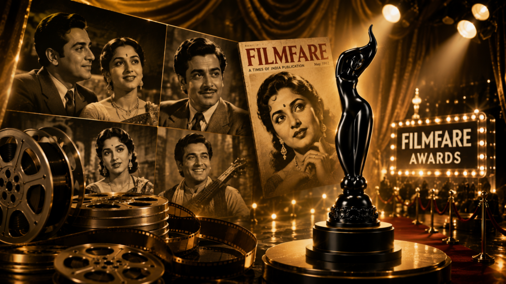 Illustration representing the growth of the Filmfare Awards during Bollywood's Golden Era.
