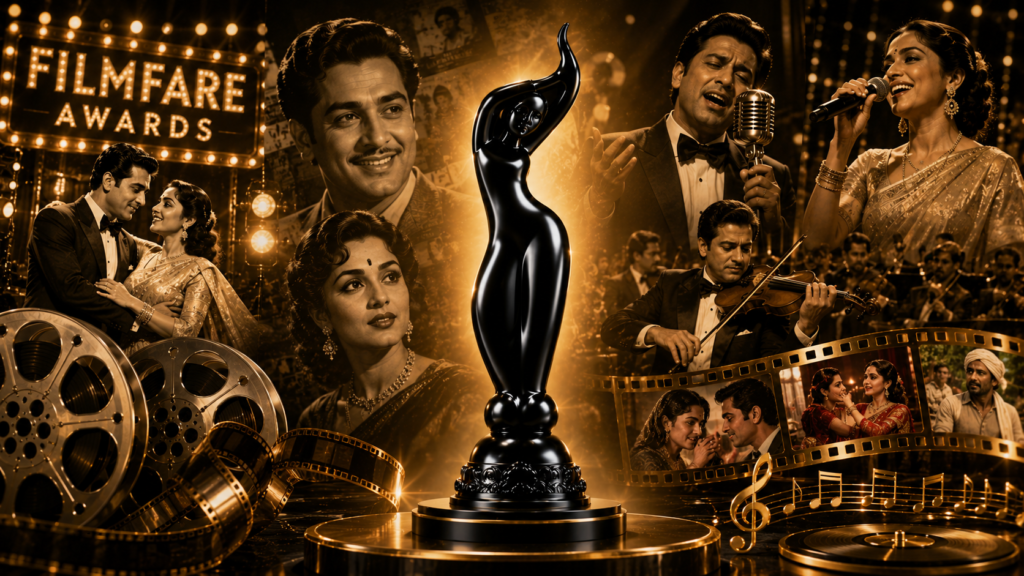 Illustration celebrating music, storytelling, and performance in the Filmfare Awards.