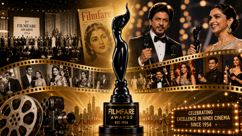 Symbolic illustration representing the history of the Filmfare Awards from 1954 to the present.