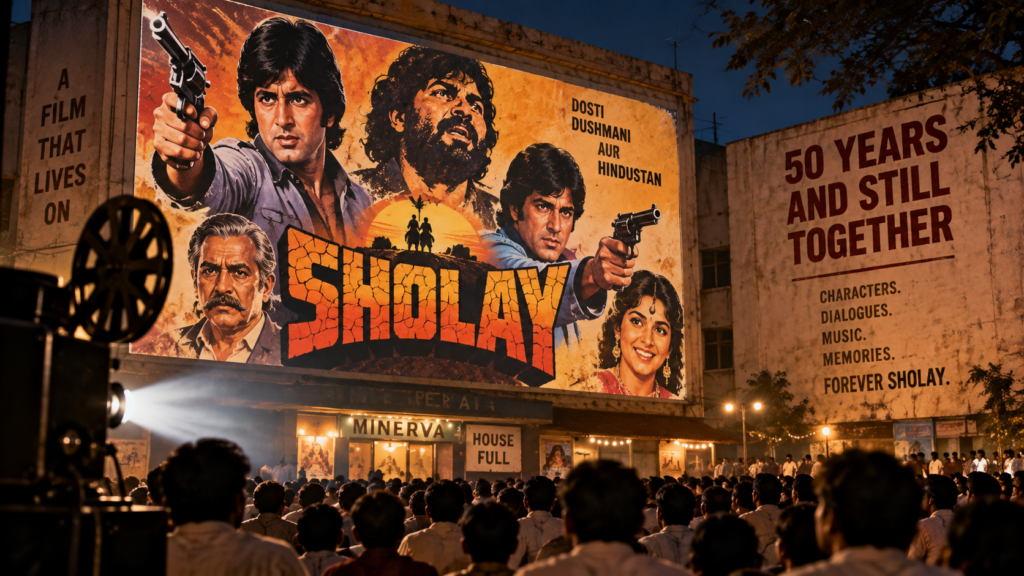 1970s cinema audience visual representing Sholay's historic theatrical success