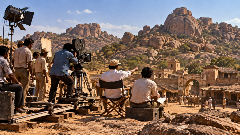 Editorial recreation of a 1970s film production in a Ramanagara-inspired rocky landscape