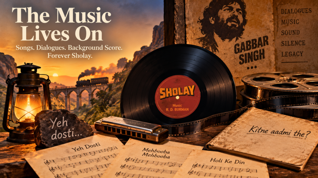 Conceptual illustration of music, dialogue and cinematic sound in Sholay