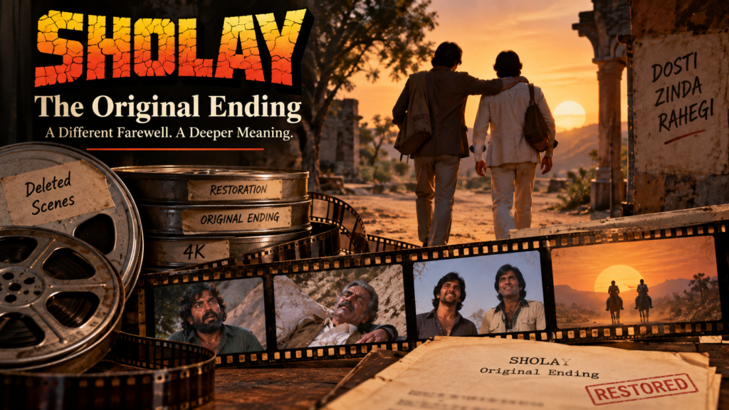 Film editing visual representing the changed original ending of Sholay