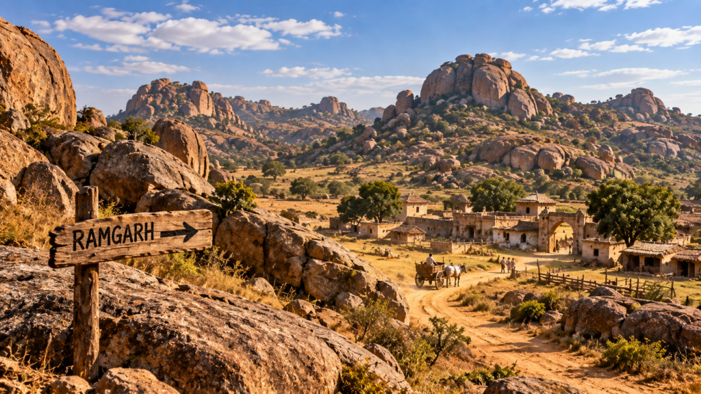 Editorial recreation of Ramgarh in a Ramanagara-inspired rocky landscape