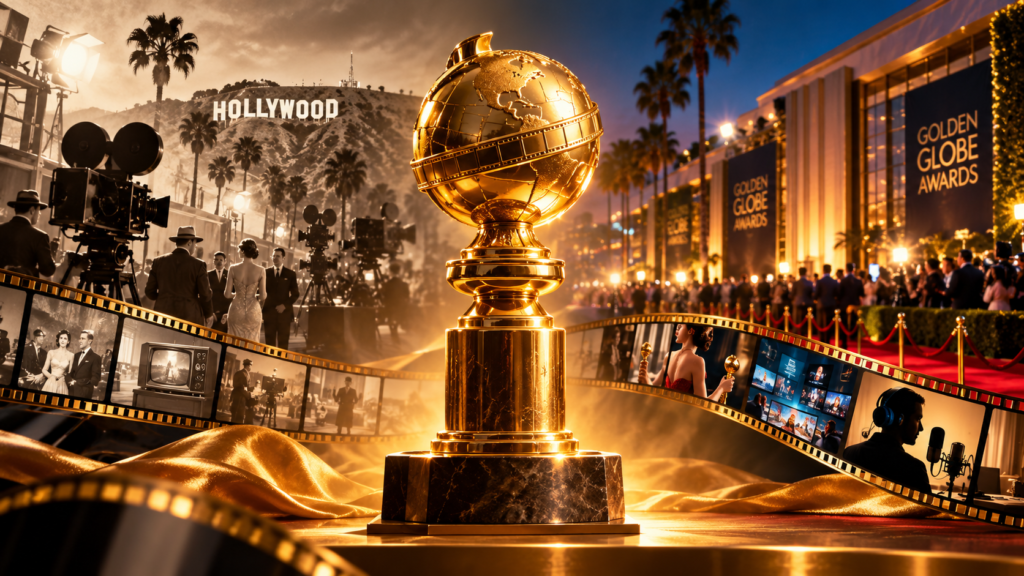Golden Globe-style trophy symbolizing the history of the Golden Globe Awards from 1944 to 2026.
