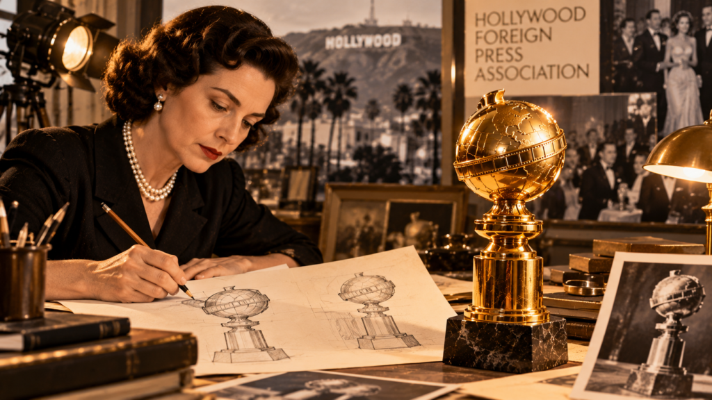 AI-generated illustration of a 1940s woman sketching a globe-shaped awards trophy beside a golden statuette.