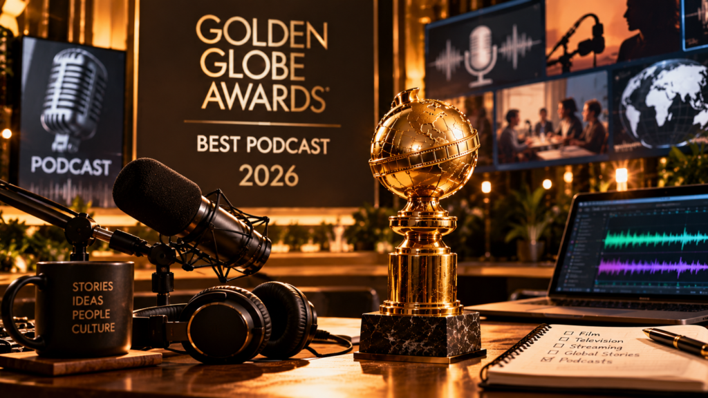 Golden Globe-style trophy beside a podcast microphone, headphones, and audio equipment, celebrating the first Best Podcast award in 2026.