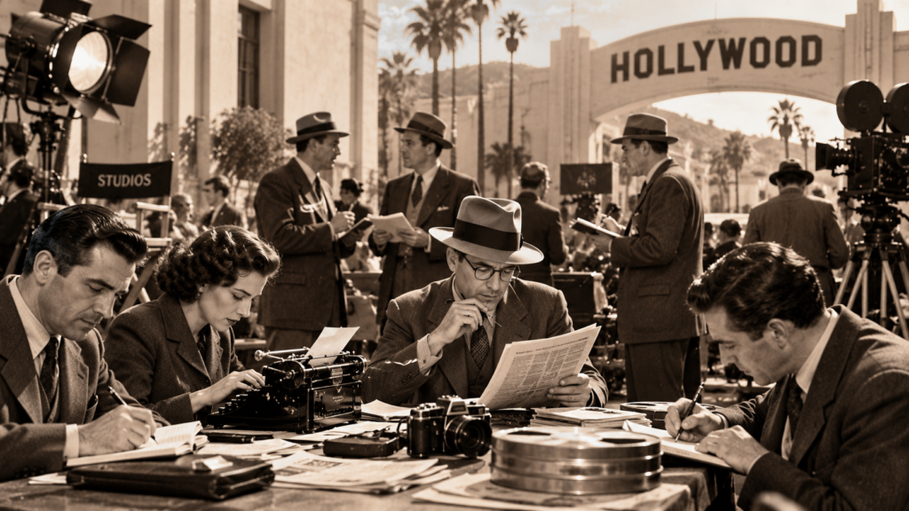 AI-generated depiction of international journalists working in Hollywood during the early 1940s.