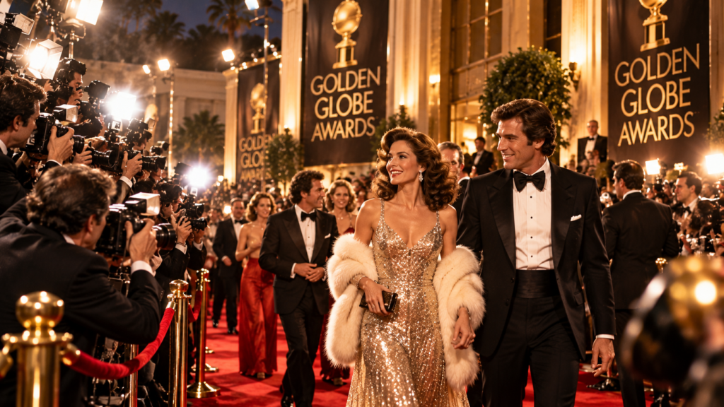 Vintage Hollywood awards-night scene with celebrities, photographers, and red-carpet glamour.