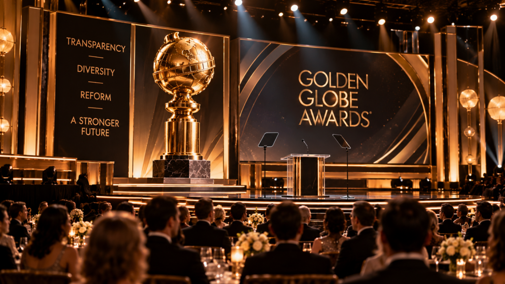Conceptual Golden Globes awards stage displaying themes of transparency, diversity, and institutional reform.