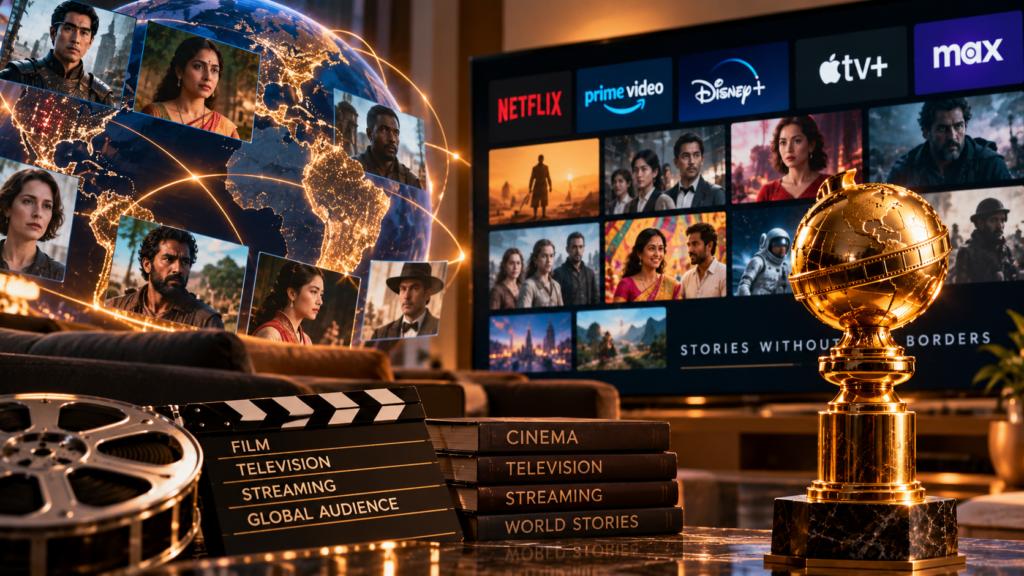 Cinematic illustration of a digital streaming interface, international film imagery, a glowing world map, and a golden awards trophy.