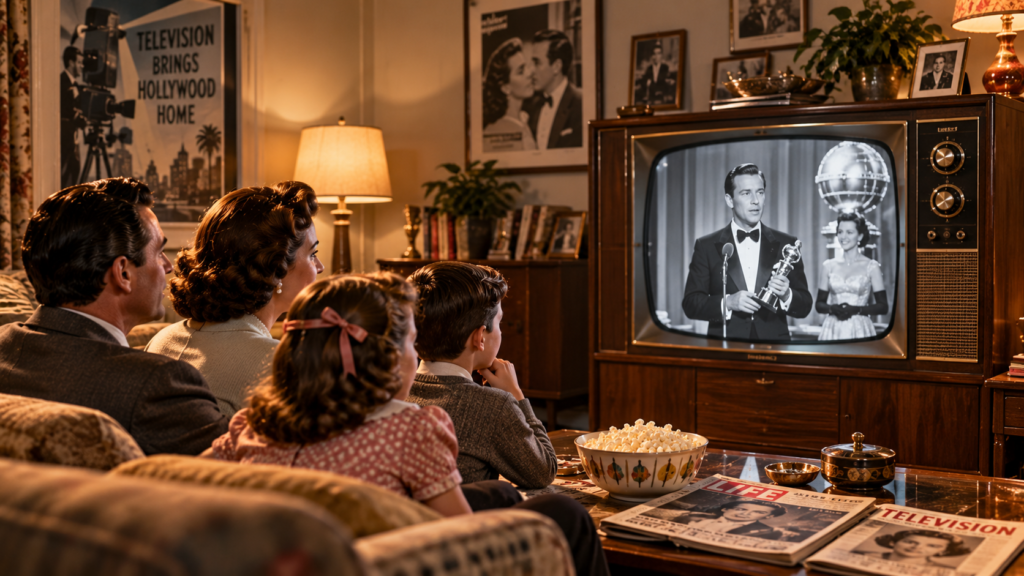 A family watching an awards presentation on a vintage television in a 1950s-style living room.